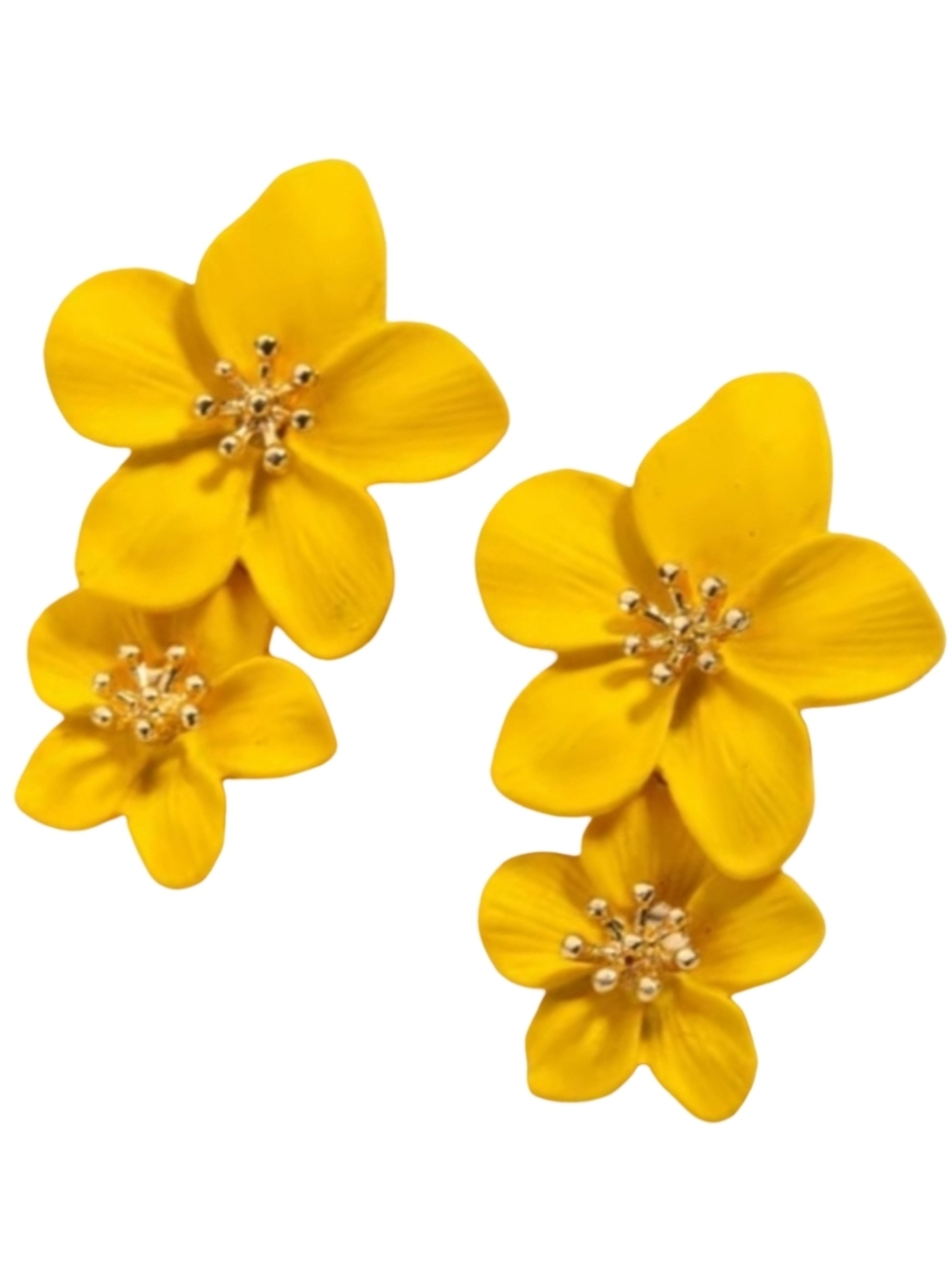 Big Yellow Double Flower Statement Earrings 3D Hibiscus Sakura Blossom Flowers
